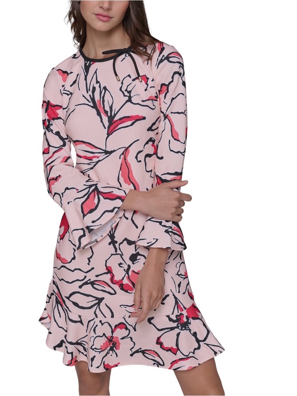 Karl Lagerfeld Pink Floral Long-Sleeve Ruffle Dress